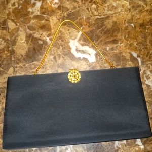 Vintage Ande black satin clutch purse inside gold satin